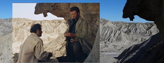 The same place some 60+ years apart. A low jutting rock protrudes from an overhanging piece of rock. The the left hand frame are two movie actors. The background is wild, arid, scenery