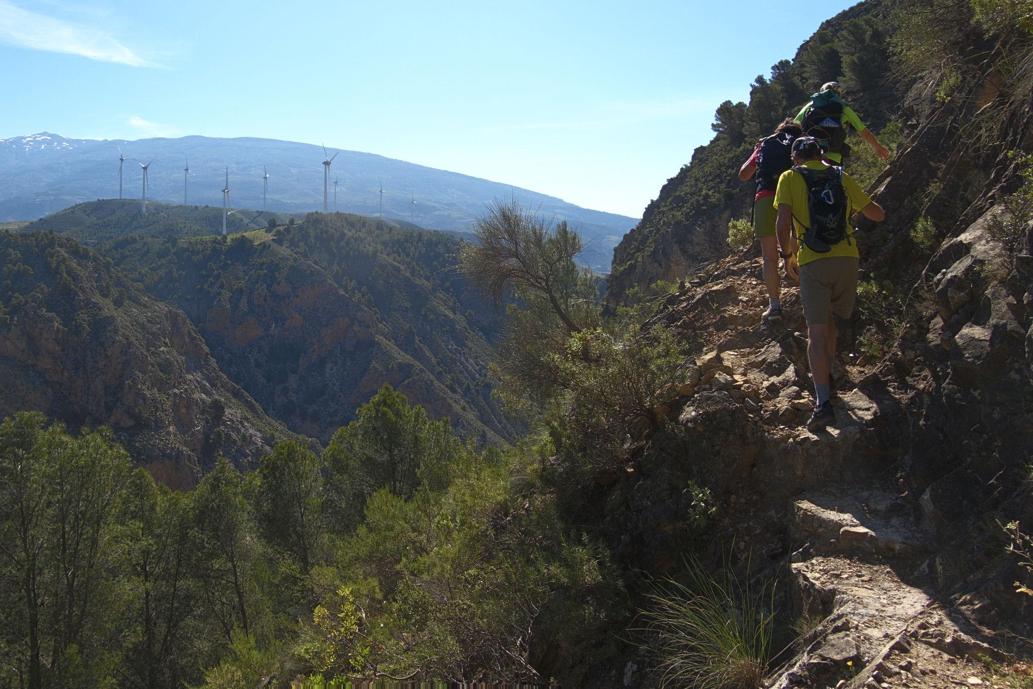 A hiker in yellow T-Short passes along a narrow mountains trail on the right. To the left a deep green valley/gorge